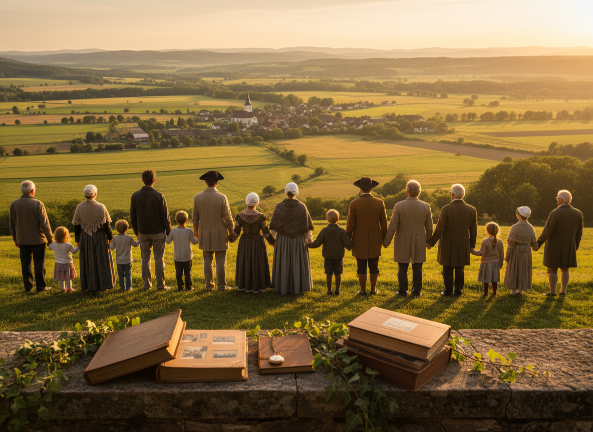 Große Familie mit vielen Generationen, darunter sehr alte Großeltern und historisch gekleidete Vorfahren aus dem 18. und 19. Jahrhundert, bei Sonnenuntergang.
